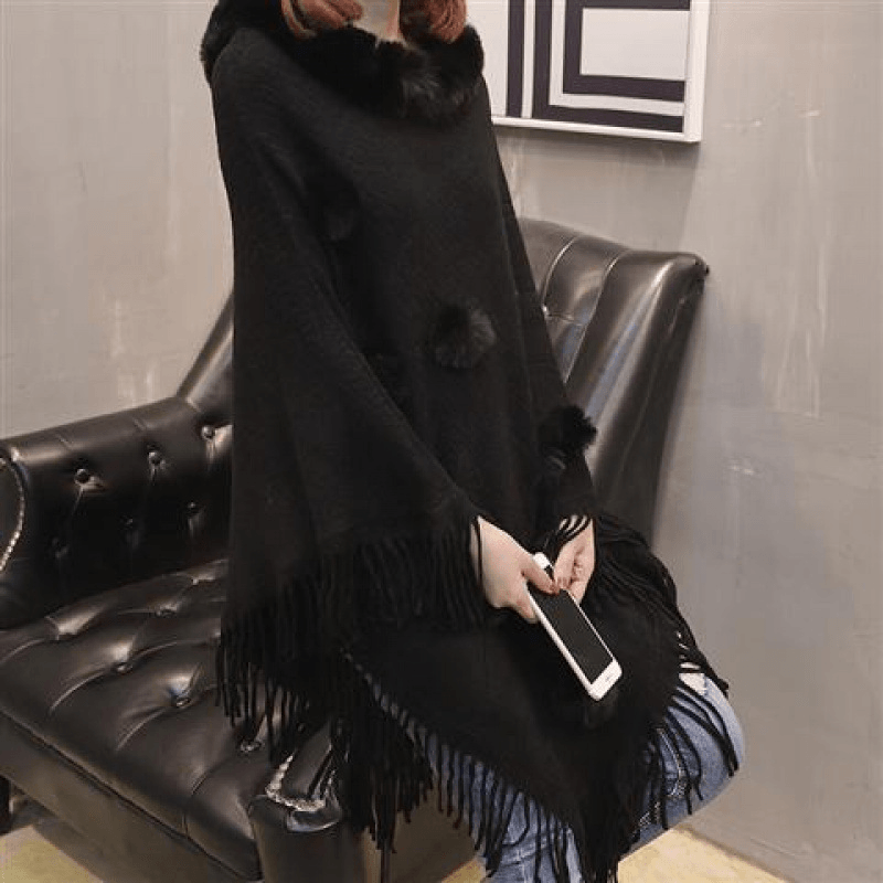 Loose Outer Wear Fur Collar Bat Shirt with Hand-Woven Tassels