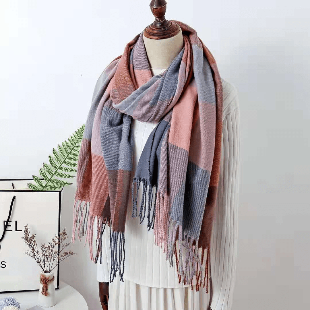 Cashmere Check Scarf Mid-Length Thick Warmth Tassel Shawl