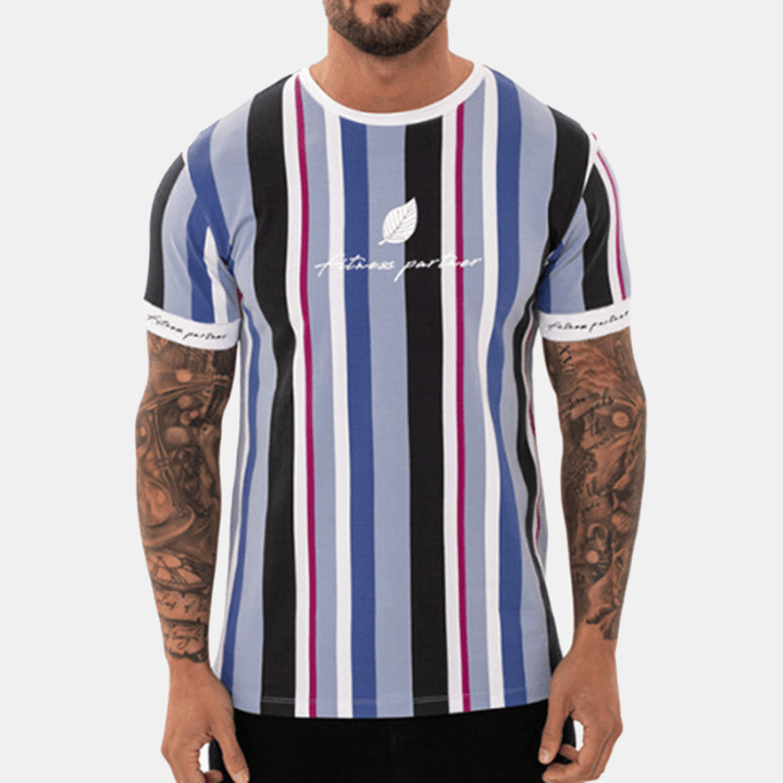 Men Vertical Stripe Short Sleeve Hawaiian T-Shirts