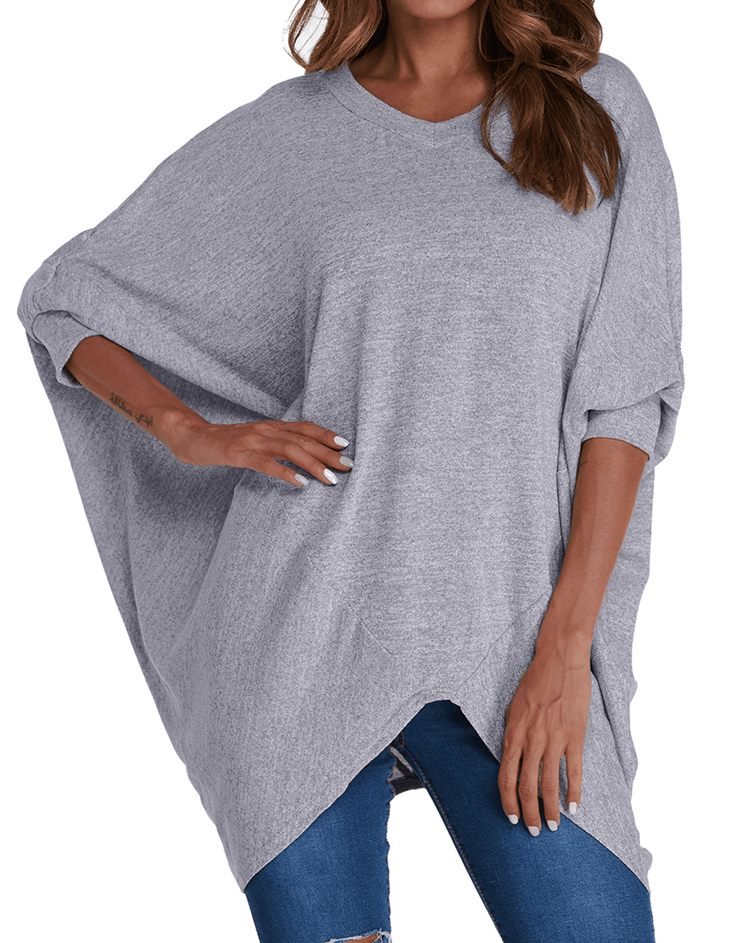 Women Pullover V Neck Long Sleeve Irregular Hem Casual Loose Blouse