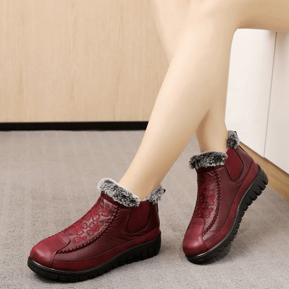 Women Comfy Floral Embroidered Waterproof Warm Lining Cotton Snow Boots