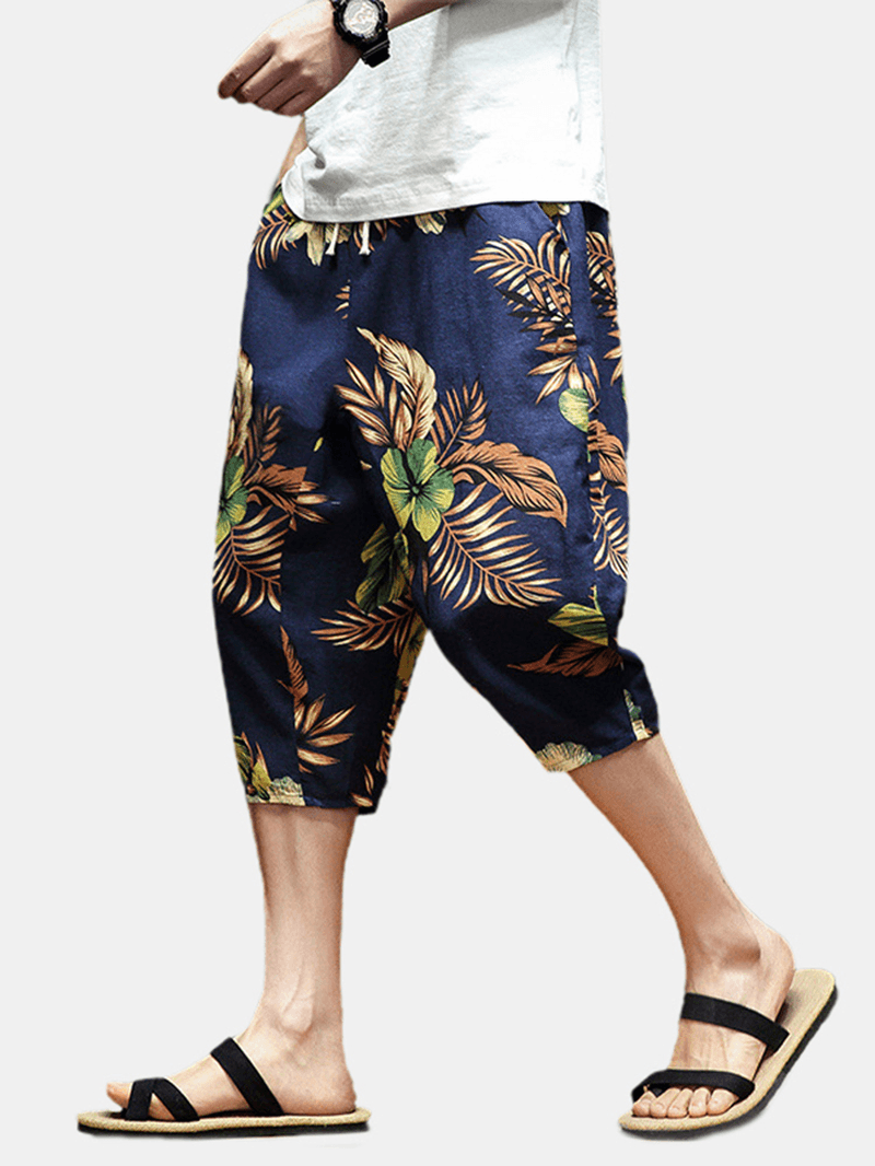 Mens Abstract Print Drawstring Ethnic Style Casual Pants with Pocket