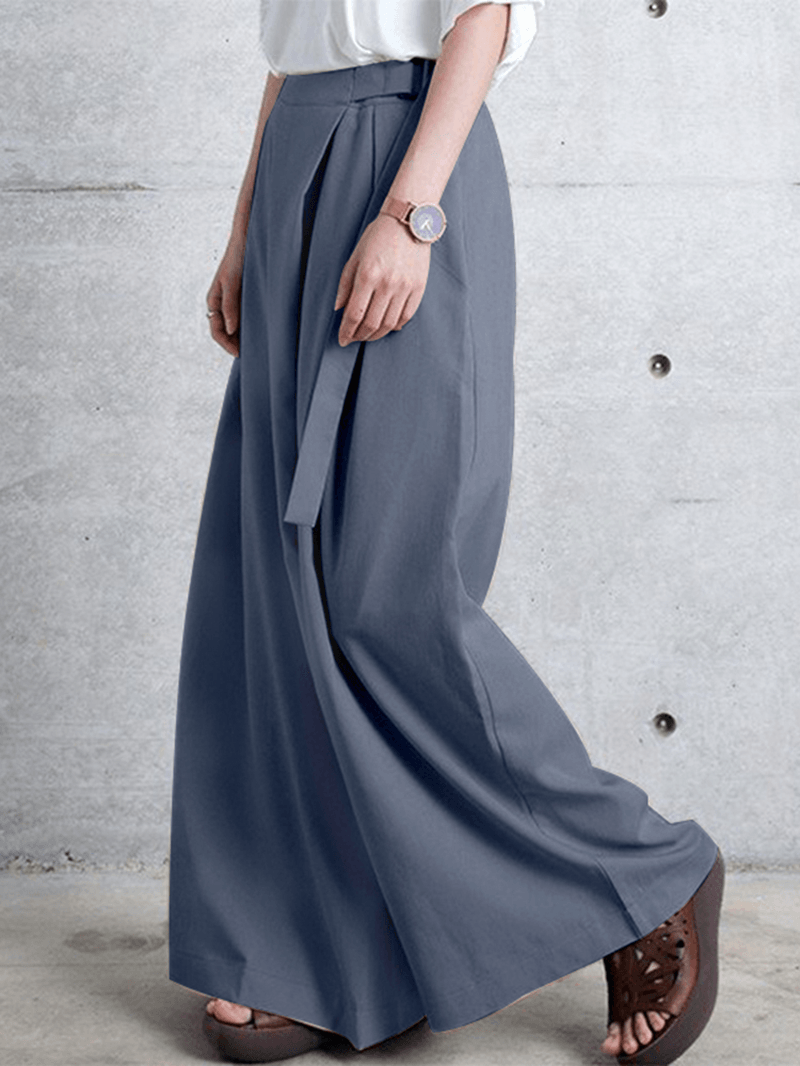 Women Side Zipper Solid Color Casual Wide Leg Pants with Pocket - MRSLM