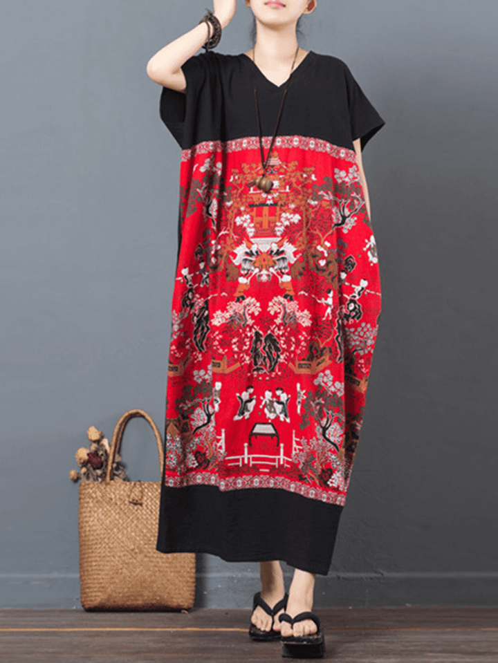 Folk Style Print Patchwork Maxi Dresses - MRSLM