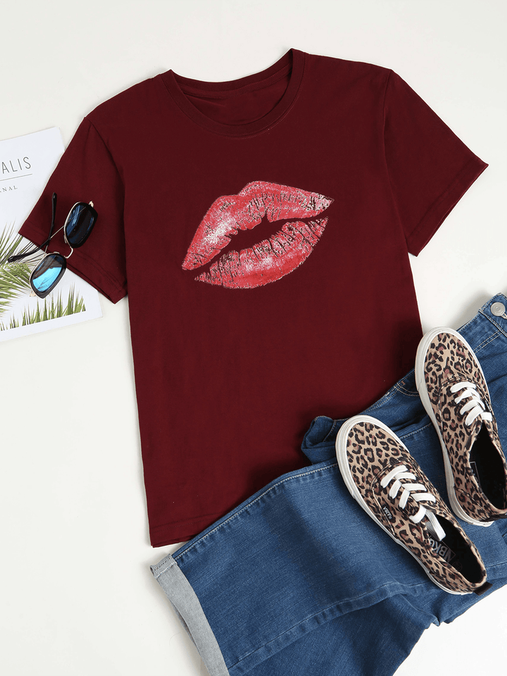 Women Casual Crew Neck Lips Print Short Sleeve Basic Tee T-Shirts