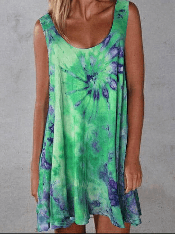 Women Tie-Dye Print Crew Neck Summer Sleeveless Loose Dress