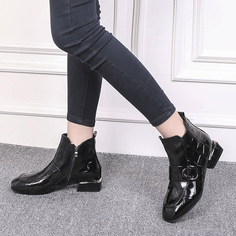 Women Chic Embossed Patent Buckle Zipper Ankle Boots