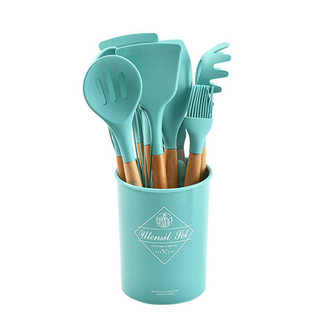 12 Pcs Tableware Set Silicone Wooden Handle Flatware Spoon Tongs Whisk Brush with Storage Box Outdoor Camping Cooking