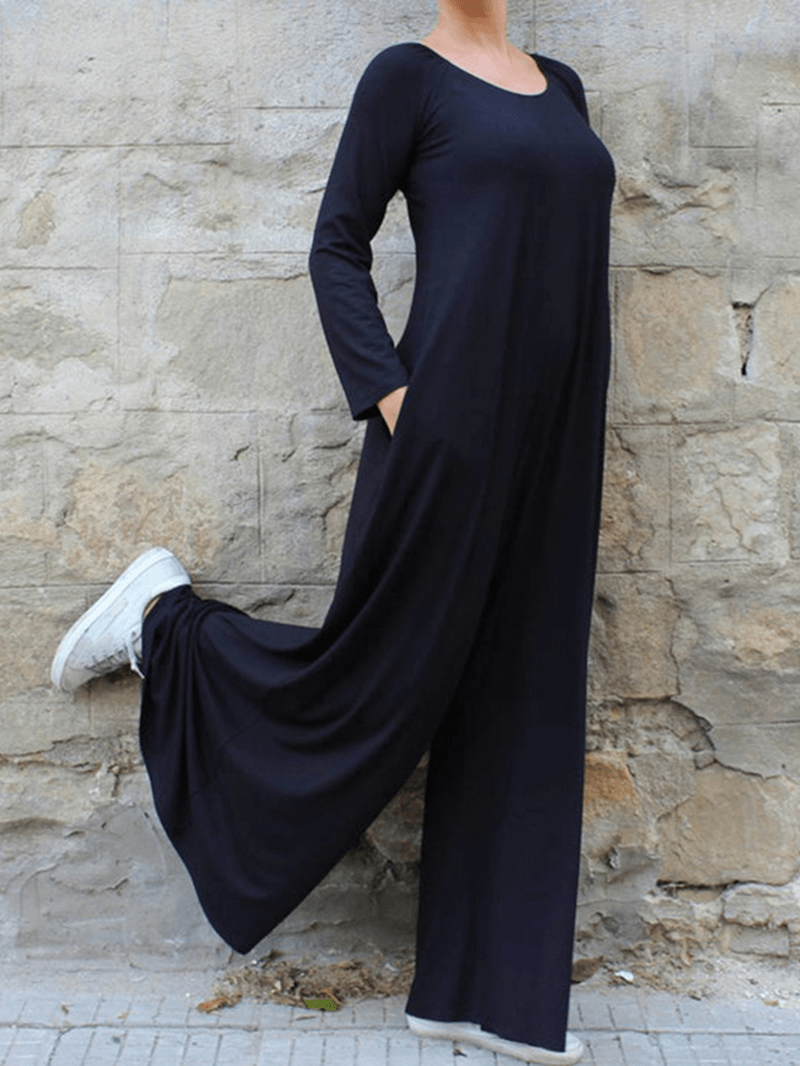 Women Solid Color round Neck Long Sleeve Wide Leg Jumpsuit with Side Pocket