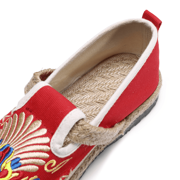 Women Linen Comfy Embroidery Straw Slip on Flat Loafers