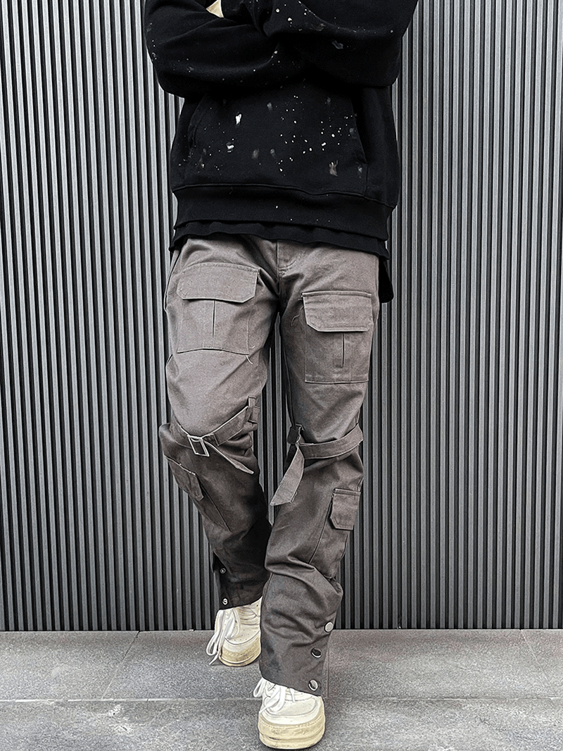 Straight-Breasted Cargo Pants with Multi-Pocket Straps