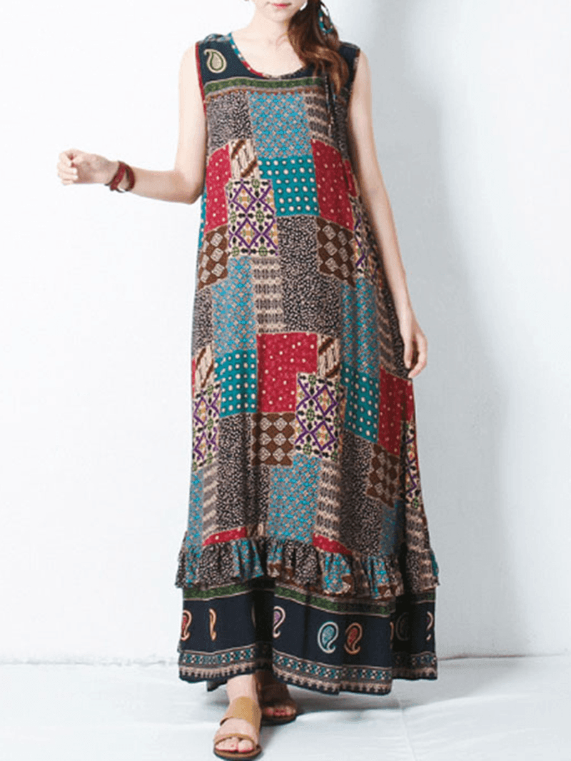 Bohemian Women Sleeveless O-Neck Printed Maxi Tank Dress