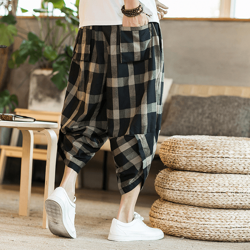 Mens Plaid Cotton Linen Loose Drawstring Calf-Length Casual Harem Pants