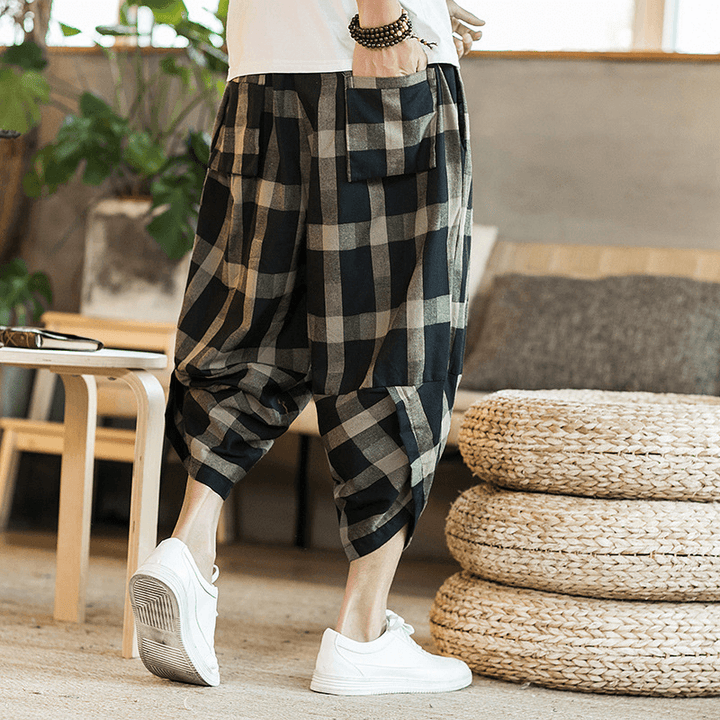 Mens Plaid Cotton Linen Loose Drawstring Calf-Length Casual Harem Pants