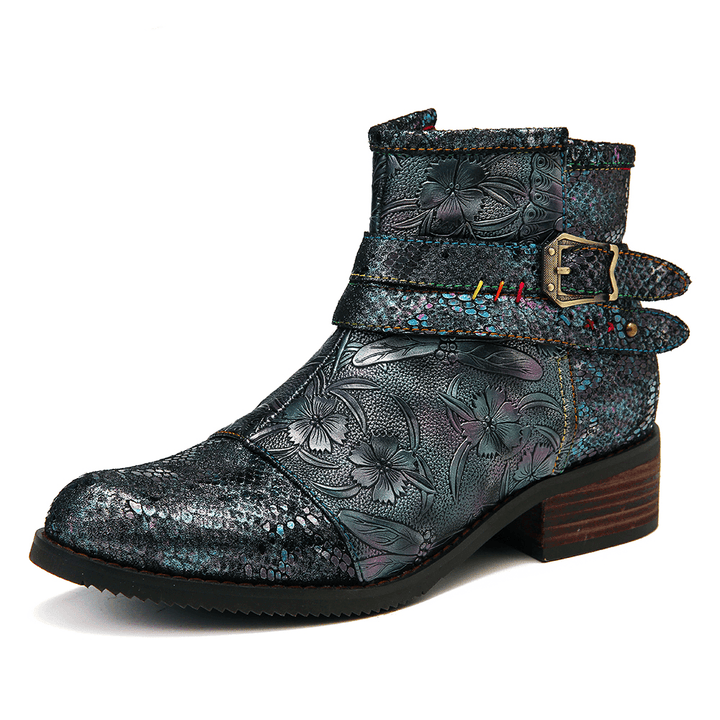 Women Embossed Stitching Metal Zipper Ankle Boots - MRSLM