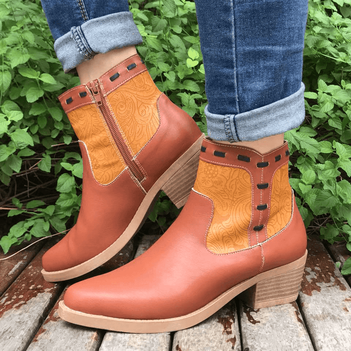 LOSTISY Women Splicing Chunky Heel Casual Ankle Boots