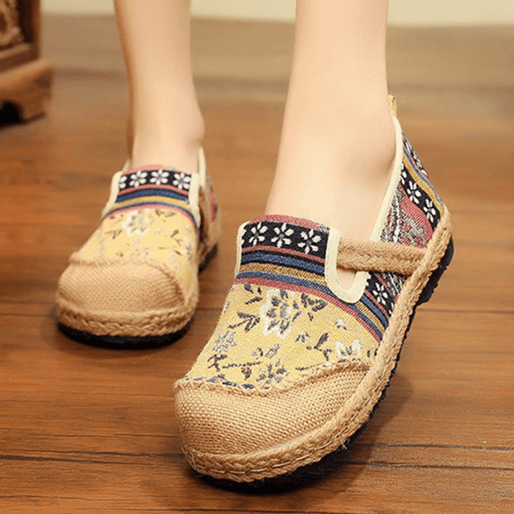 Women Linen Old Peking Printing Stricing Slip on Loafers