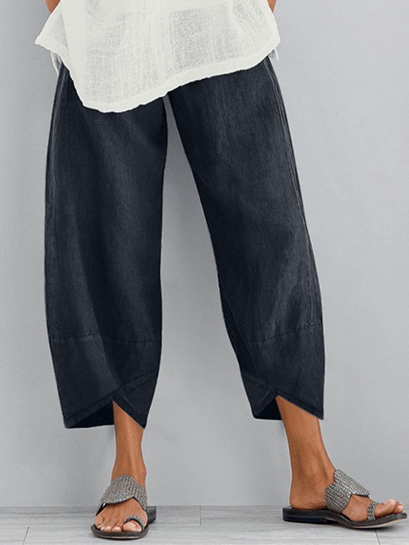 Women Solid Color Elastic Waist Loose Side Pocket Pants