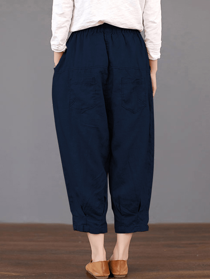 Women Solid Color Elastic Waist Loose Cotton Pants