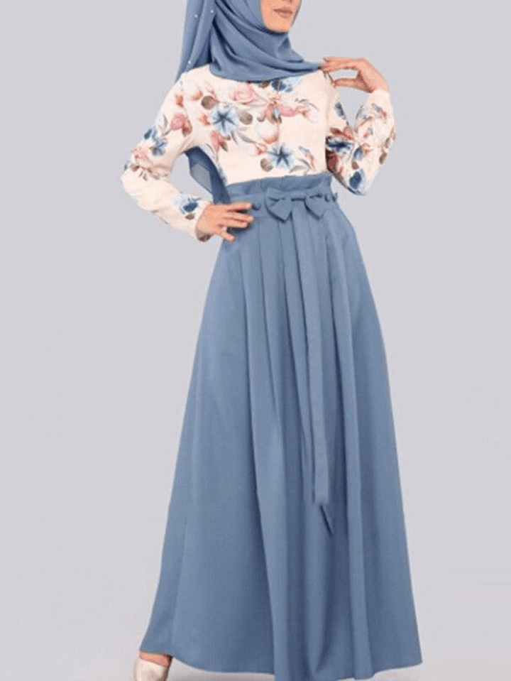 Women Floral Print Kaftan Robes Long Sleeve Ethnic Style Maxi Dresses - MRSLM