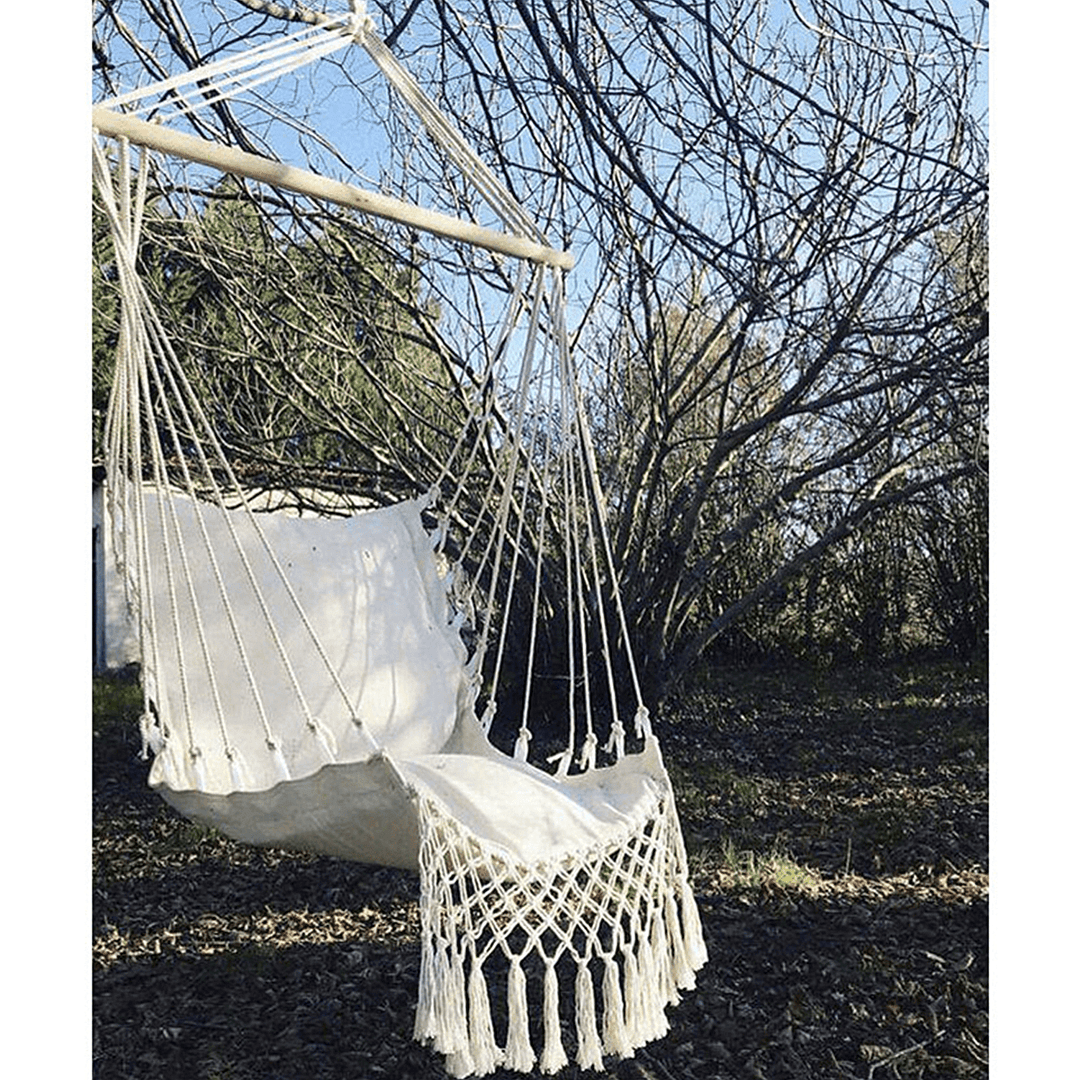 Hammock Cotton Swing Camping Hanging Rope Chair Wooden Beige Tasse Patio