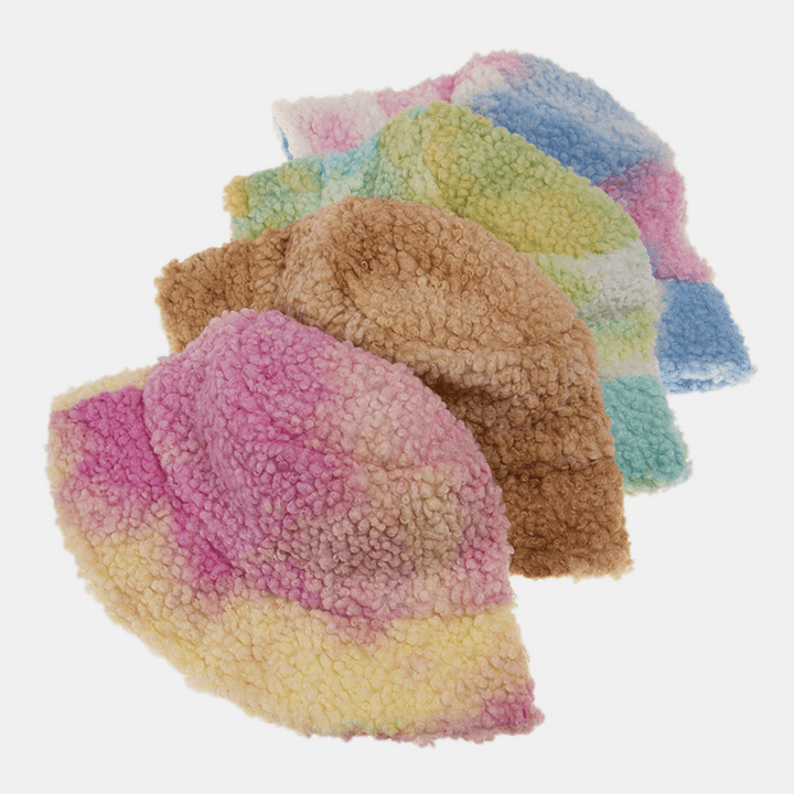 Unisex Felt Lamb Hair Tie-Dye plus Thicken Warm Windproof Soft Bucket Hat