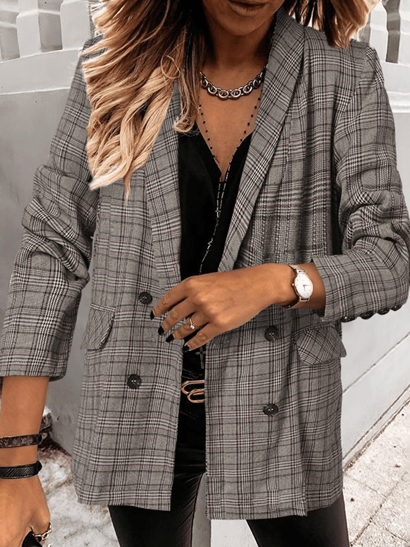 Women Plaid Double Breasted Lapel Casual Long Sleeve Thin Blazers - MRSLM