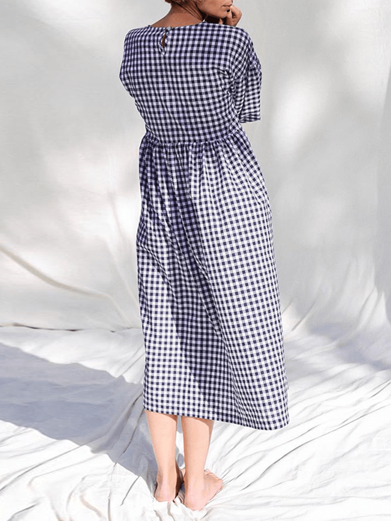 Women Plaid Print Pleated round Neck Casual Half Sleeve Midi Dresses