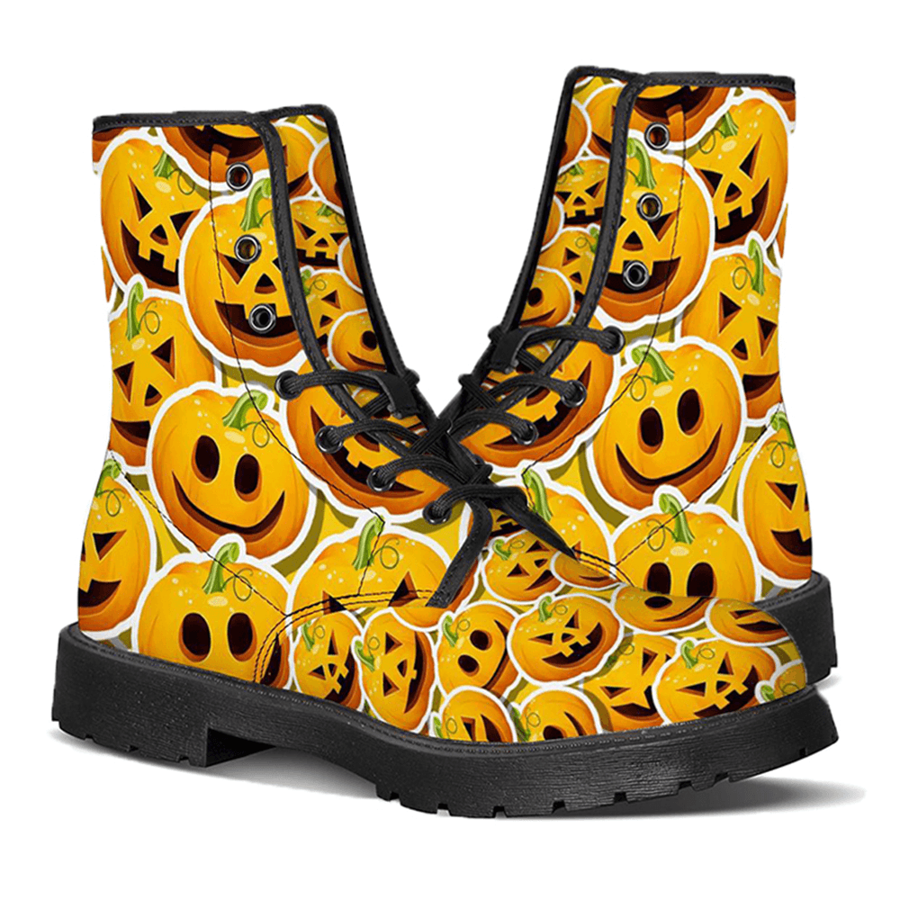 Men Leather Halloween Pumpkin Printing Soft Sole Non Slip Comfy Casual Martin Boots