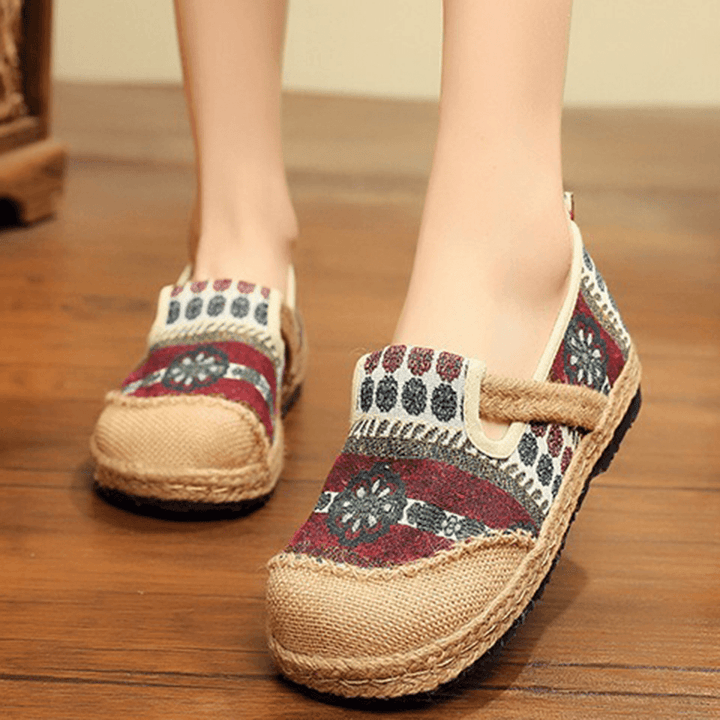 Women Linen Straw Pattern Casual Slip on Espadrille Flat Loafers