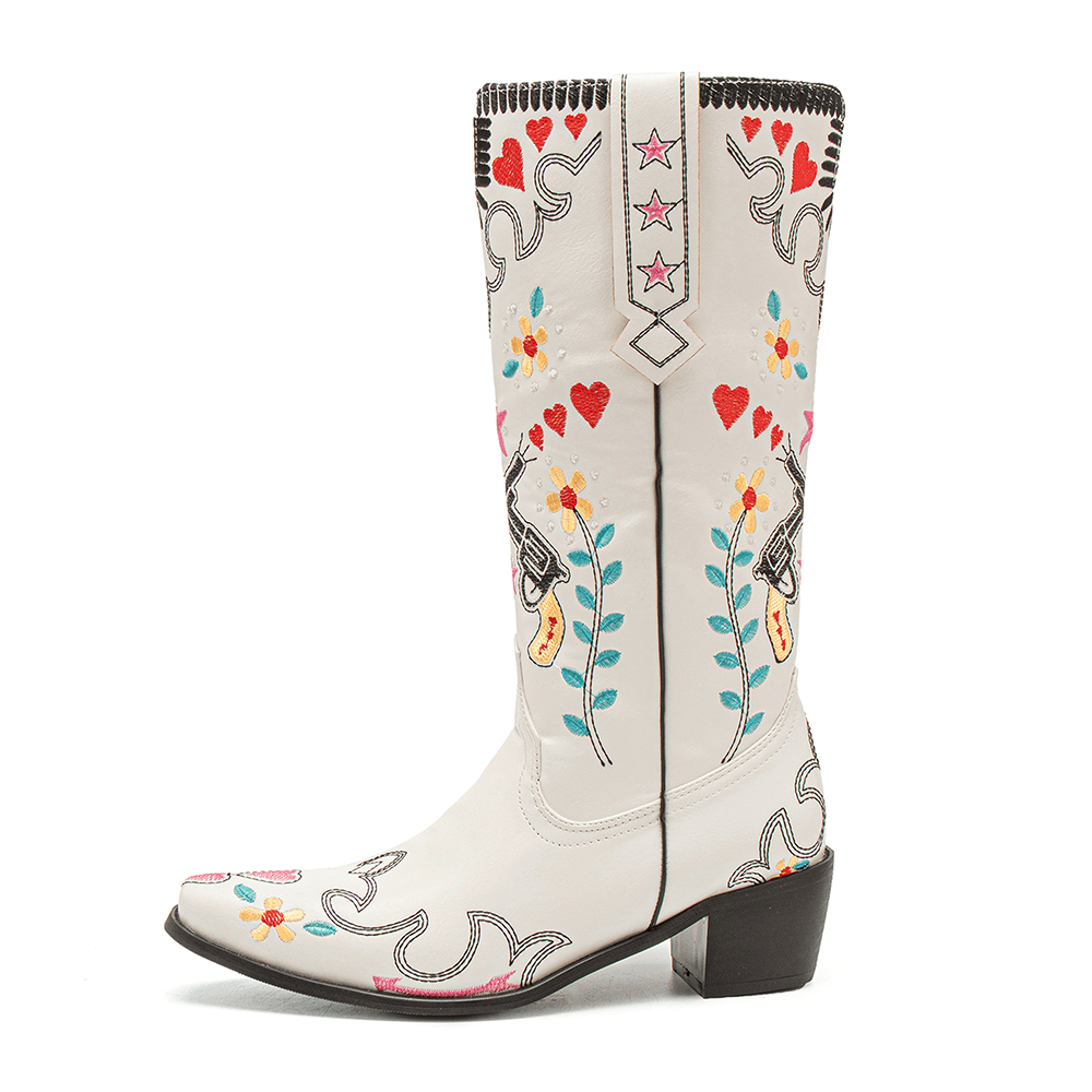 Women Floral Sweet Embroidery Leather Pointy-Toe Chunky Heel Mid-Calf Knight Boots - MRSLM