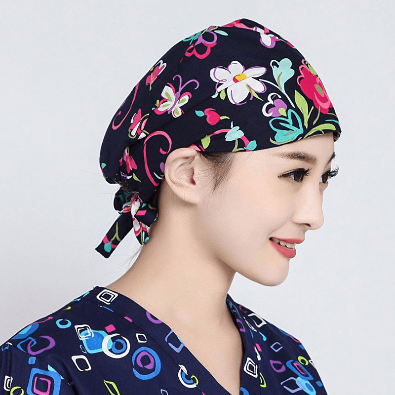 Women Flower Print Cotton Surgical Cap Doctor Nurse Work Hat