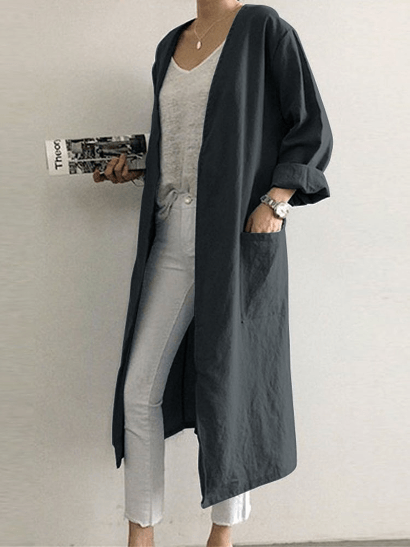 Retro Women Solid Color Casual Cotton Long Cardigans with Pockets