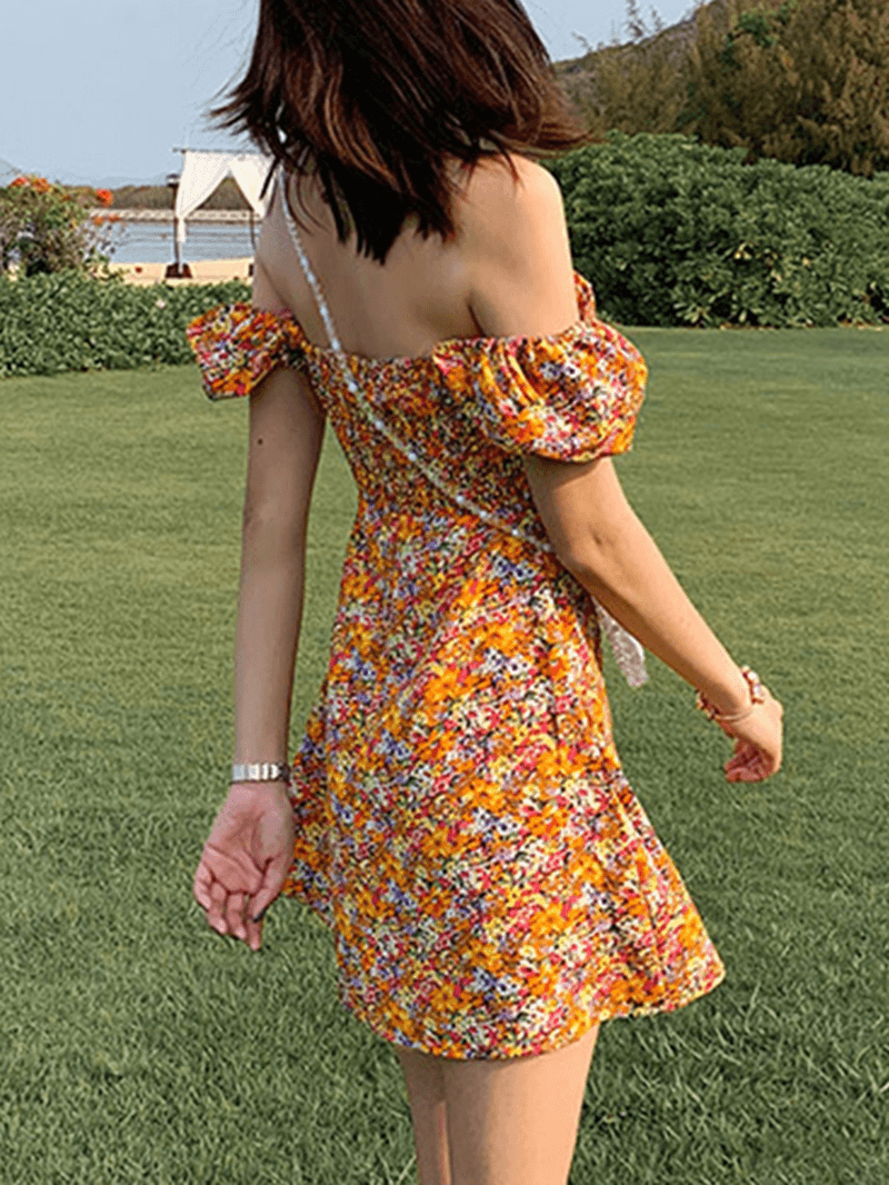 Women Maid Square Neck Puff Sleeve Floral Pleated Mini Dress