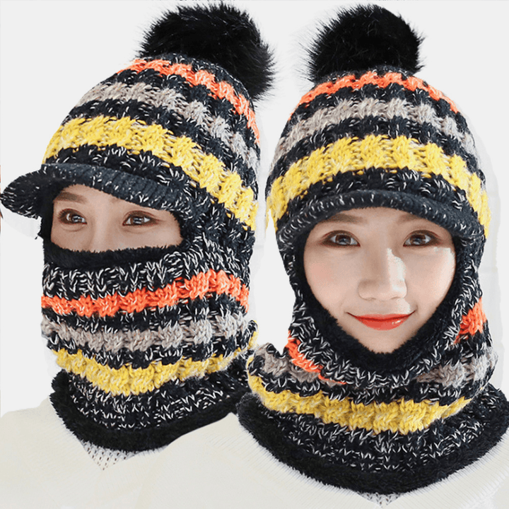 Women Wool One-Piece plus Velvet Thicken Warm Windproof Neck Face Protection Riding Knitted Hat Baseball Hat - MRSLM