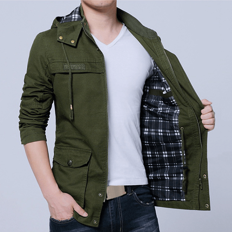 Mens Windproof Drawstring Hood Cargo Cotton Jacket