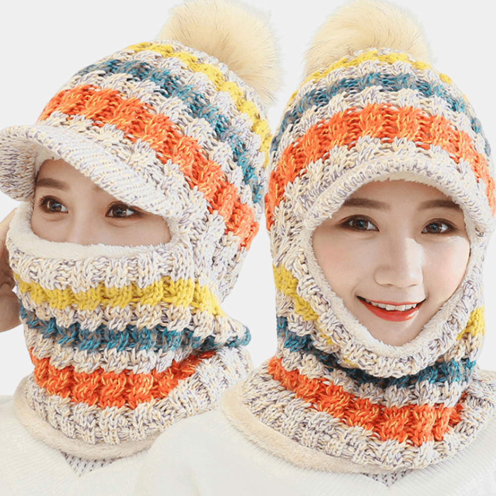 Women Wool One-Piece plus Velvet Thicken Warm Windproof Neck Face Protection Riding Knitted Hat Baseball Hat - MRSLM