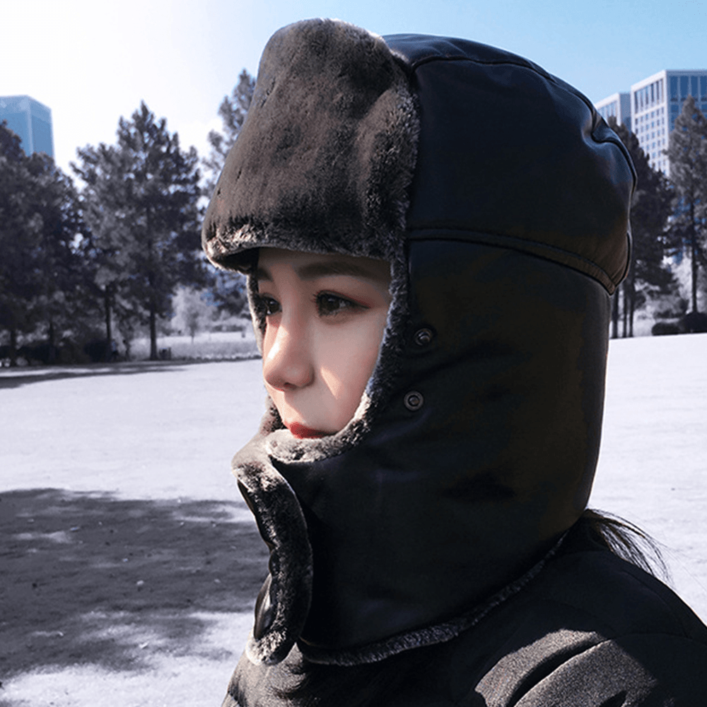 Unisex Faux Leather Warm Windproof Ear Face Eye Protection Outdoor Riding Trapper Hat