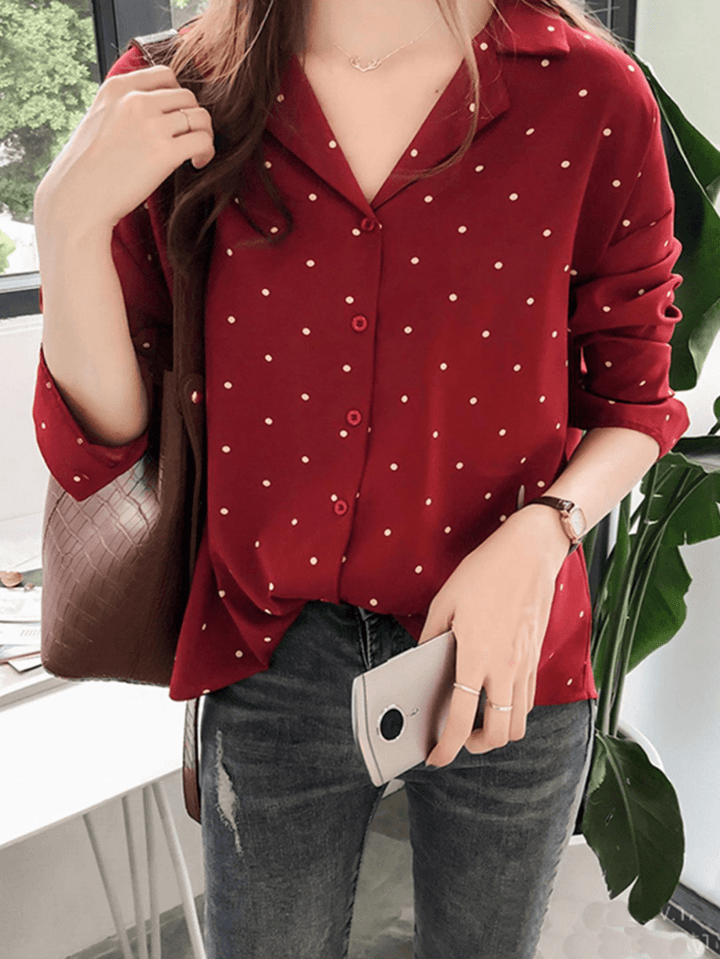 Polka Dot Print V-Neck Long Sleeve Casual Blouse