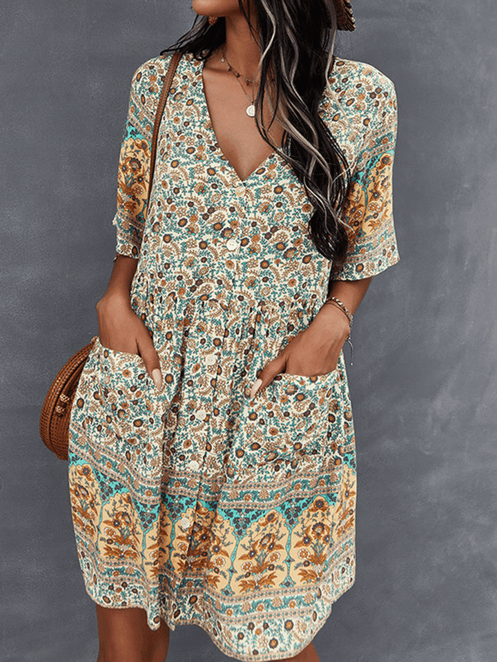 Bohemia Floral Ethnic V-Neck Button Short Sleeve Print Dress