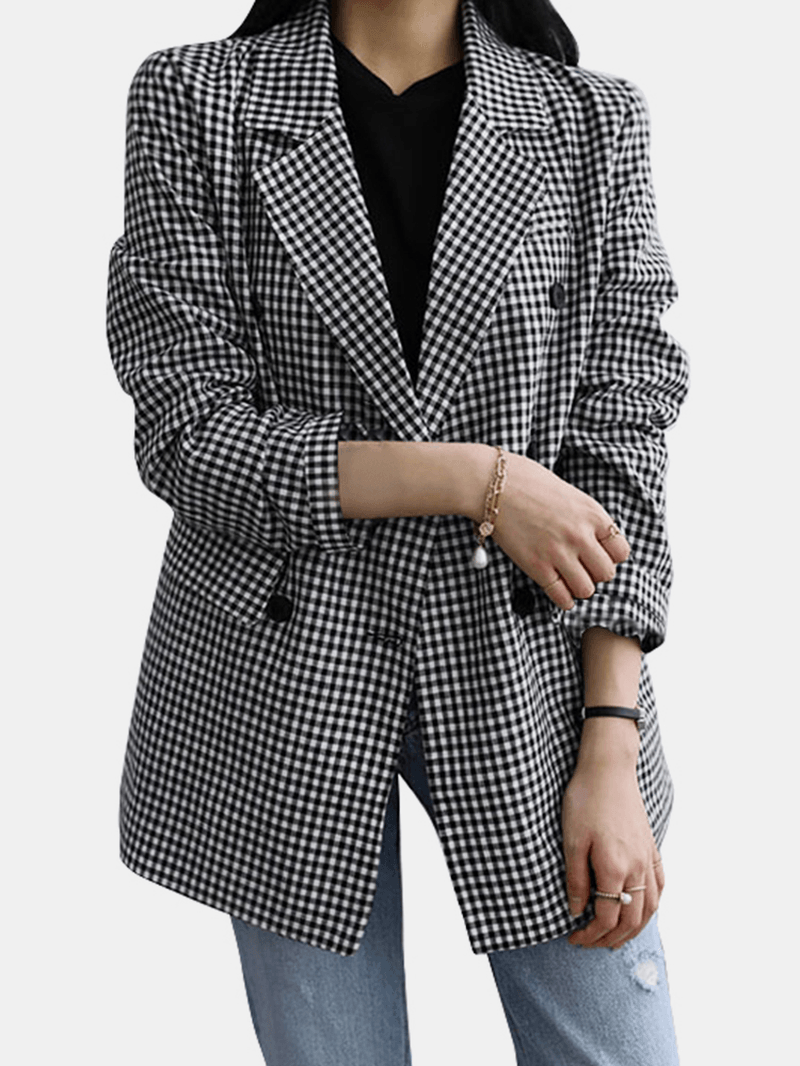 Women Plaid Casual Full Sleeve Knee Length Retro Business Unlined Suits - MRSLM