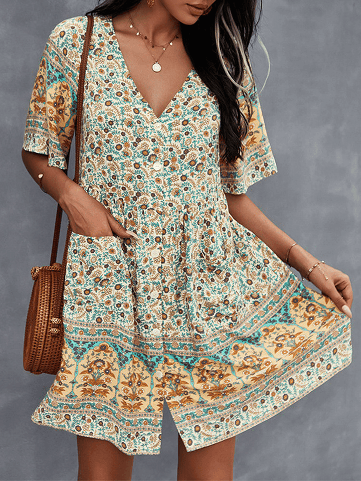 Bohemia Floral Ethnic V-Neck Button Short Sleeve Print Dress - MRSLM