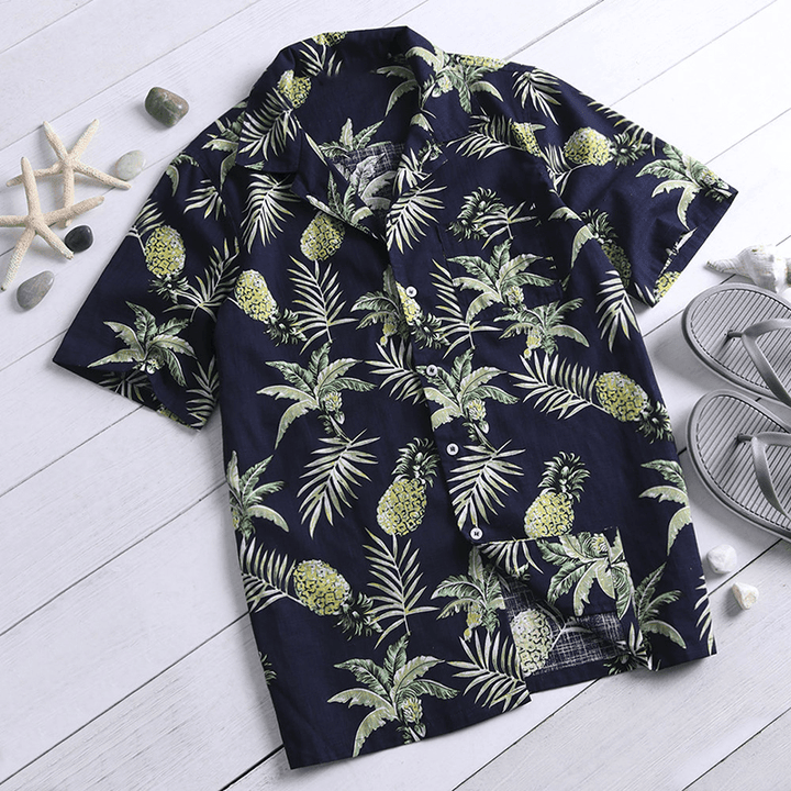 Men Tropical Plants Printed Short Sleeve Hawaiian Shirts