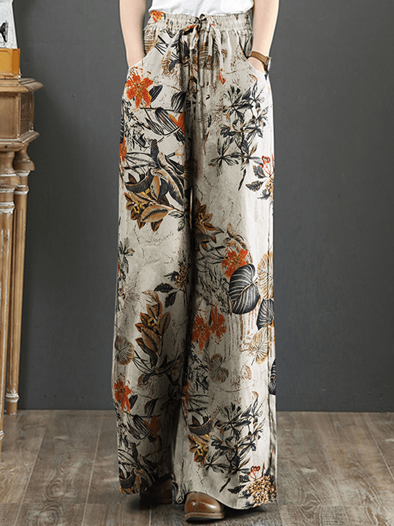 Cotton Women Palnt Floral Print Pocket Drawstring Elastic Waist Retro Wide Leg Pants