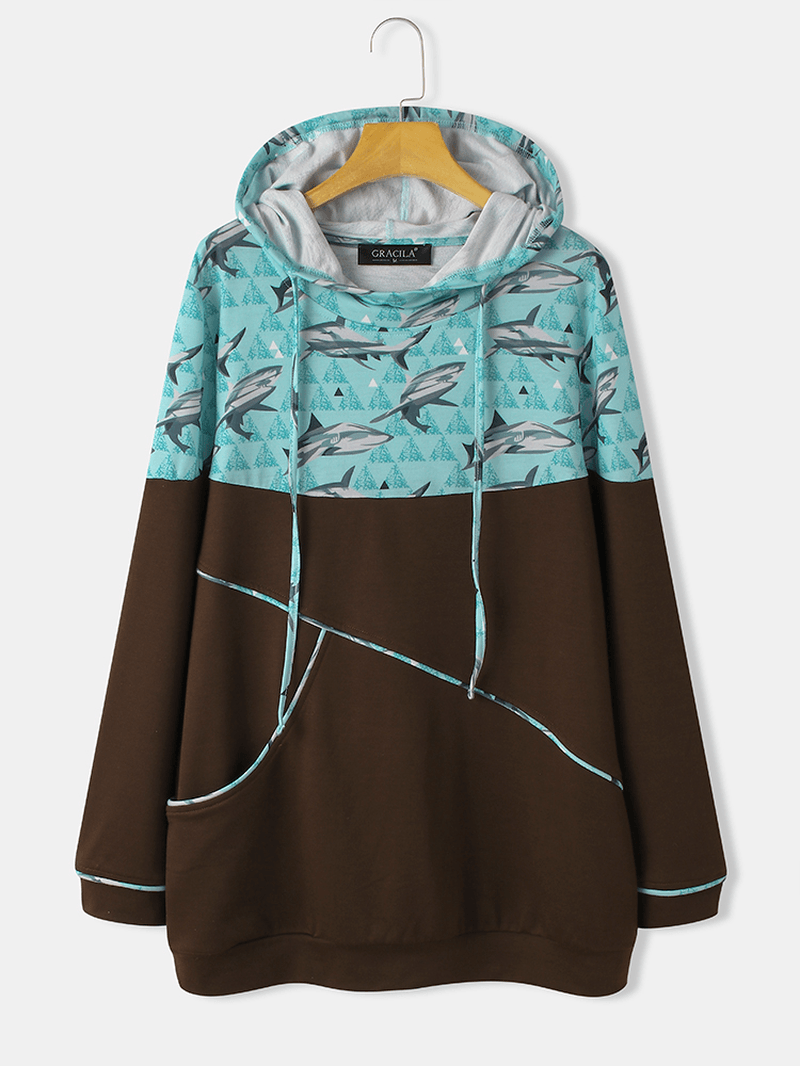 Women Shark Print Patchwork Long Sleeve Casual Drawstring Hoodies - MRSLM