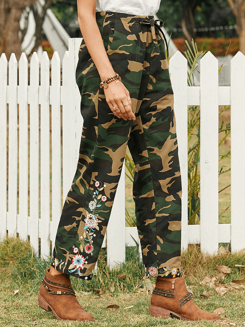 Women Camouflage Floral Print Drawstring Mid Waist Casual Pants with Pocket