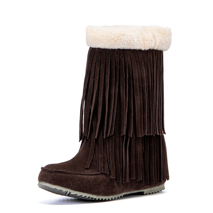 Women Tassel Boots Warm Fluff Flanging Mid-Calf Snow Boots - MRSLM