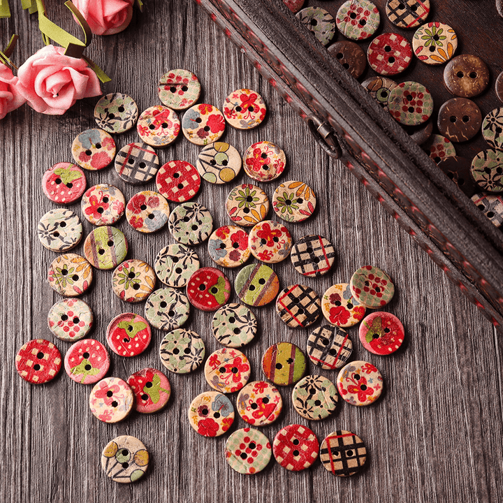 100 PCS round Pattern Wooden Button Mixed 2 Hole Natural Sewing Children Handmade Clothes Buttons