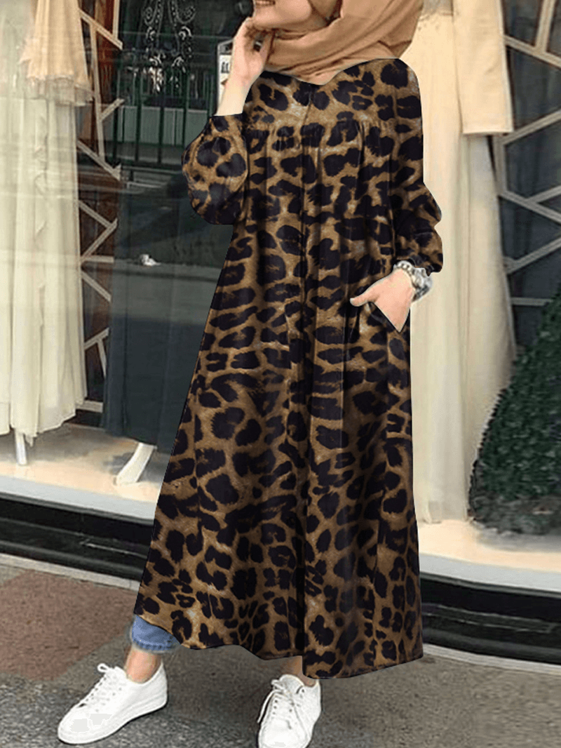 Leopard Printed Button down Front Kaftan Tunic Maxi Dress with Side Pockets