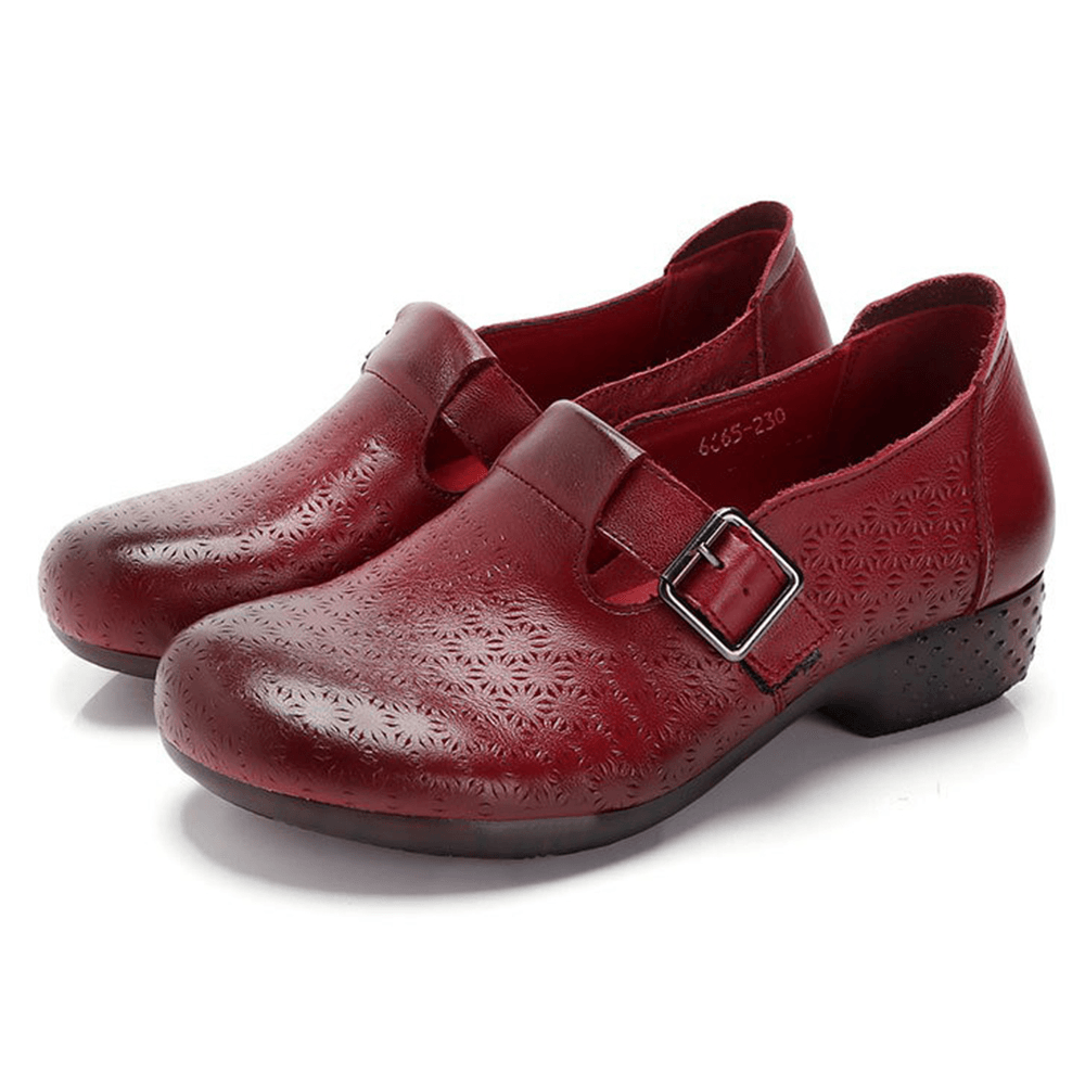 Women Comfy Soft Breathable Hollow Wearable Buckle Casual Leather Loafers - MRSLM